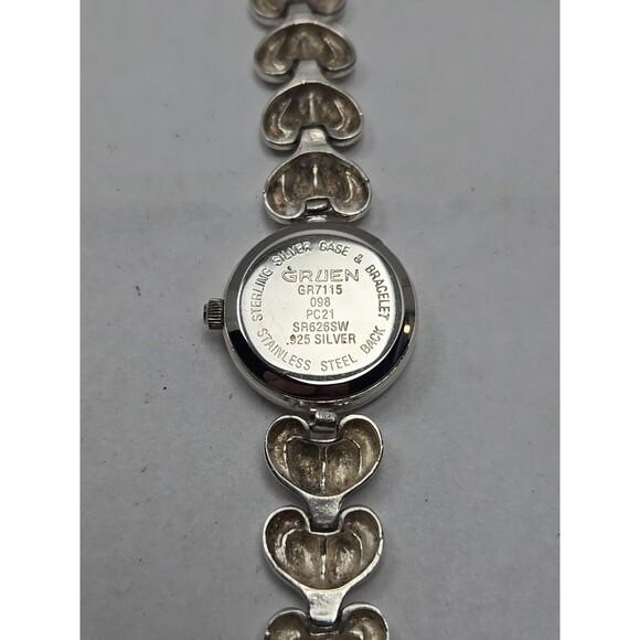 Vintage Gruen 925 Sterling Silver Heart Bracelet Quartz Watch Womens New Battery - Picture 10 of 11